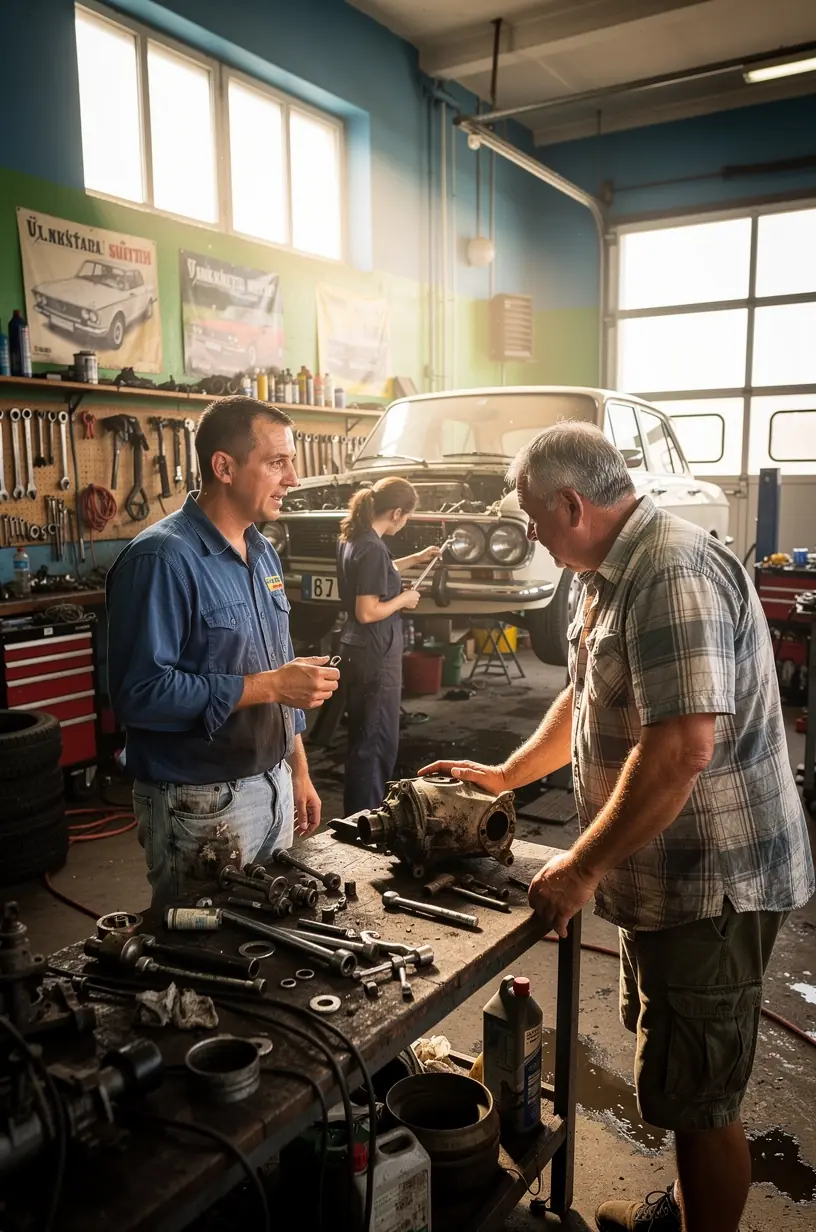 Mechanik kontroluje motor staršieho auta v profesionálnej dielni s moderným vybavením.